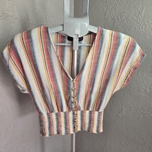 Derek Heart Colorful Striped V-Neck Smocked Crop Top Cottagecore Boho Beachy